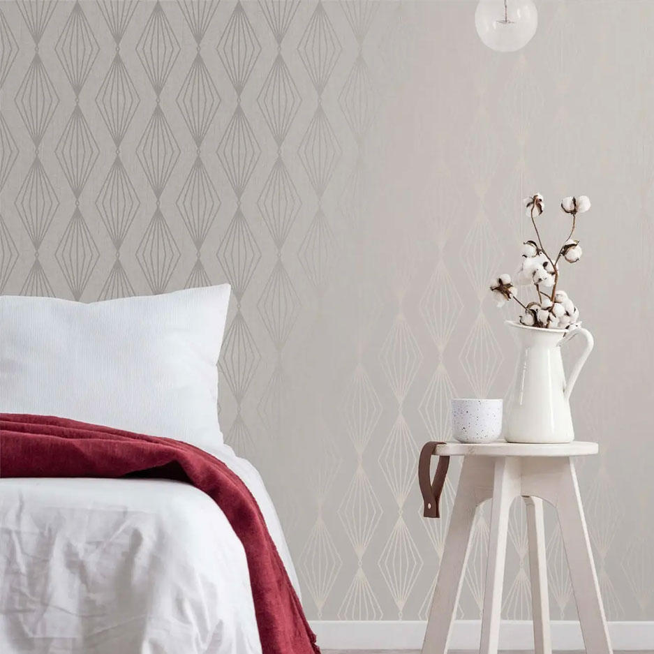 A geometric wallpaper in a bedroom