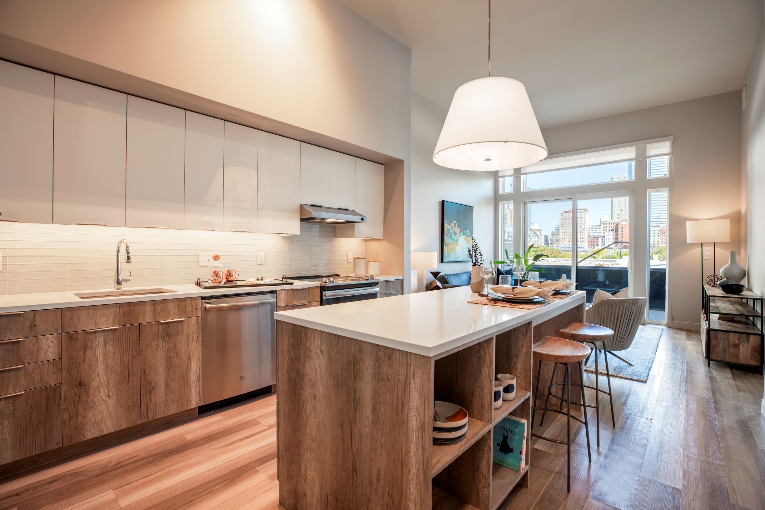 Expansive kitchen island in this stunning one-bedroom