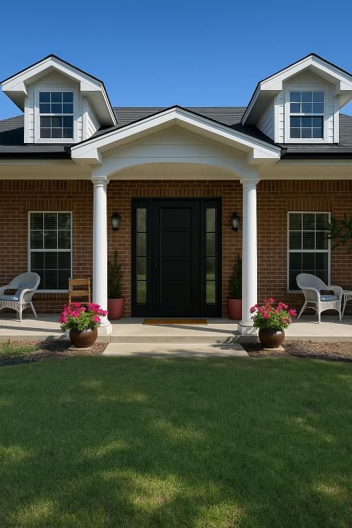 Residential exterior renovation showcasing a brick home with a symmetrical front entrance, white col 