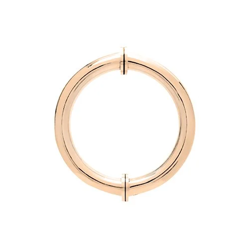 A rose gold circular pull handle is shown against a white background. The handle is a thick, smooth ring with a polished finish. There are two small, vertical protrusions at the top and bottom of the ring, which appear to be mounting points or decorative elements. The overall shape is a perfect circle with a clear inner space, suggesting it is designed to be gripped and pulled.