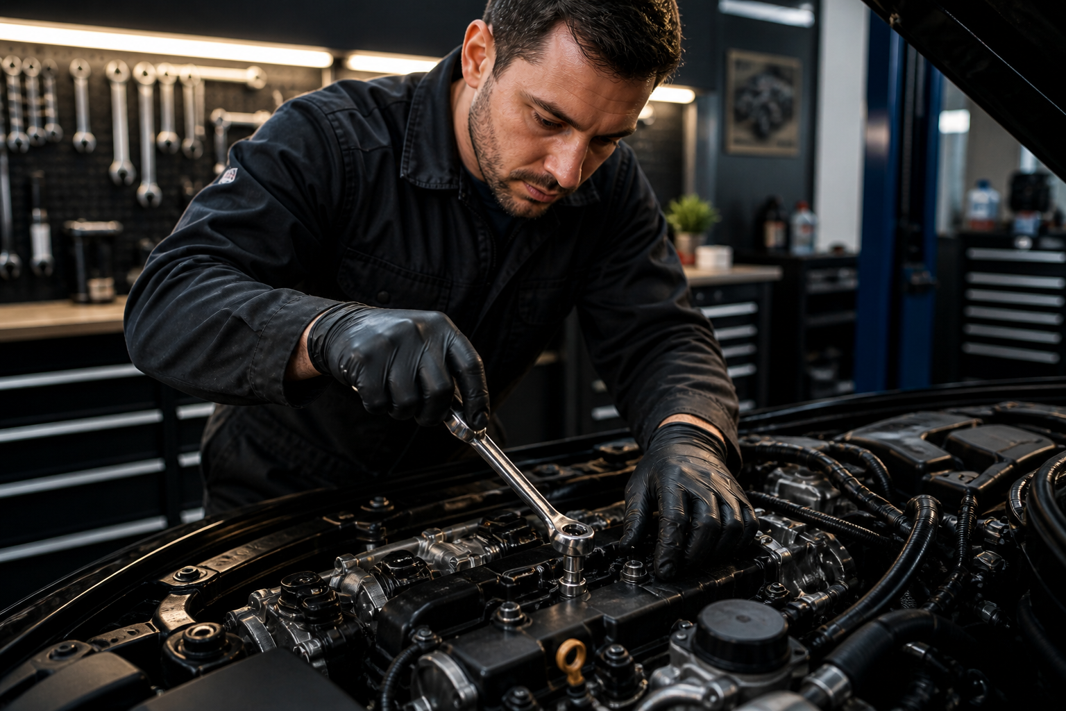Automotive technician performing engine repair and maintenance using professional tools inside a modern workshop. Careful diagnostics and component adjustments help improve performance, reliability, efficiency, and long-term vehicle operation.