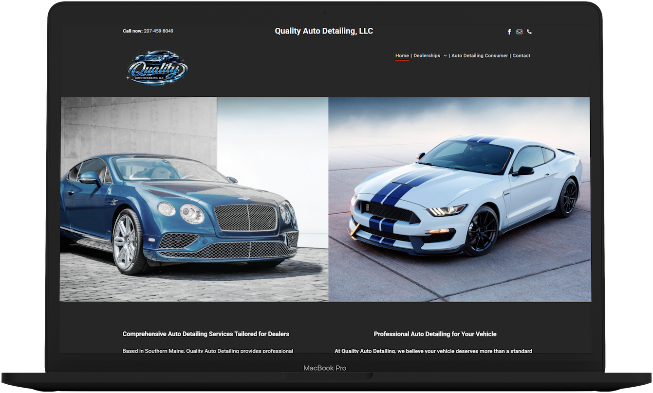 Quality Auto Detailing LLC website showcasing professional dealership and consumer auto detailing services, including interior and exterior vehicle detailing.