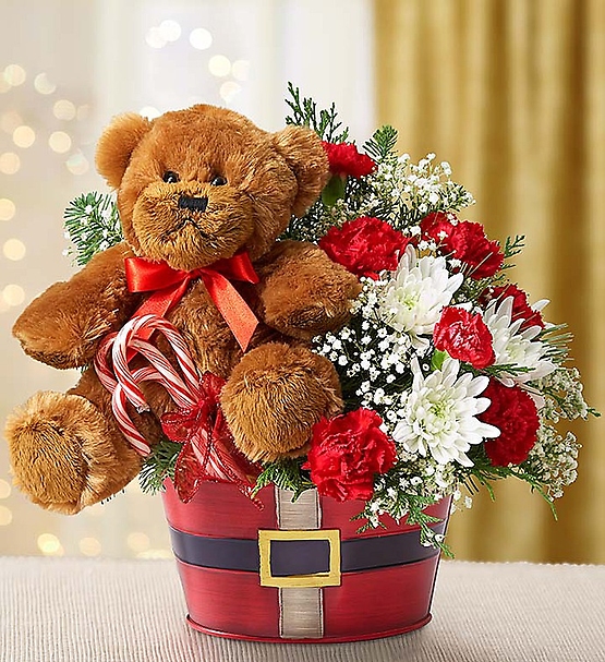Wish them a warm and wonderful holiday season with this fun 2-in-1 surprise! Our signature Lotsa Love® plush bear arrives in a merry red Santa belt tin surrounded by a festive mix of mini red carnations, white cushion poms and more, including a trio of candy canes.