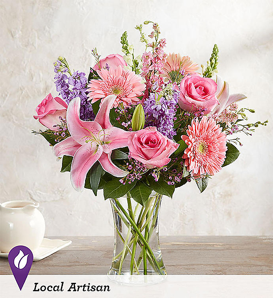 LOCAL ARTISAN When it comes to letting her know she’s always on your mind, think pink and lavender. We’ve hand-gathered a romantic mix of pink and purple blooms to create a gorgeous, garden-inspired bouquet. Designed by expert florist Breanna Cartwright of Modesto, CA, this beautiful bunch will remain a fond memory for a long time.