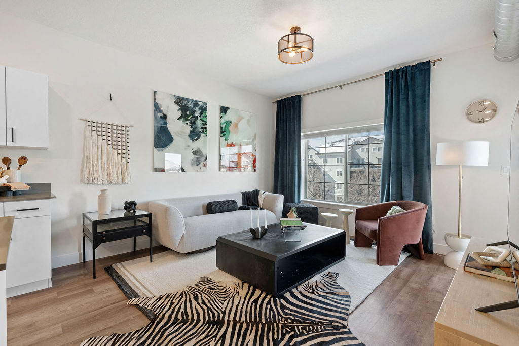 a living room with a couch and a coffee table