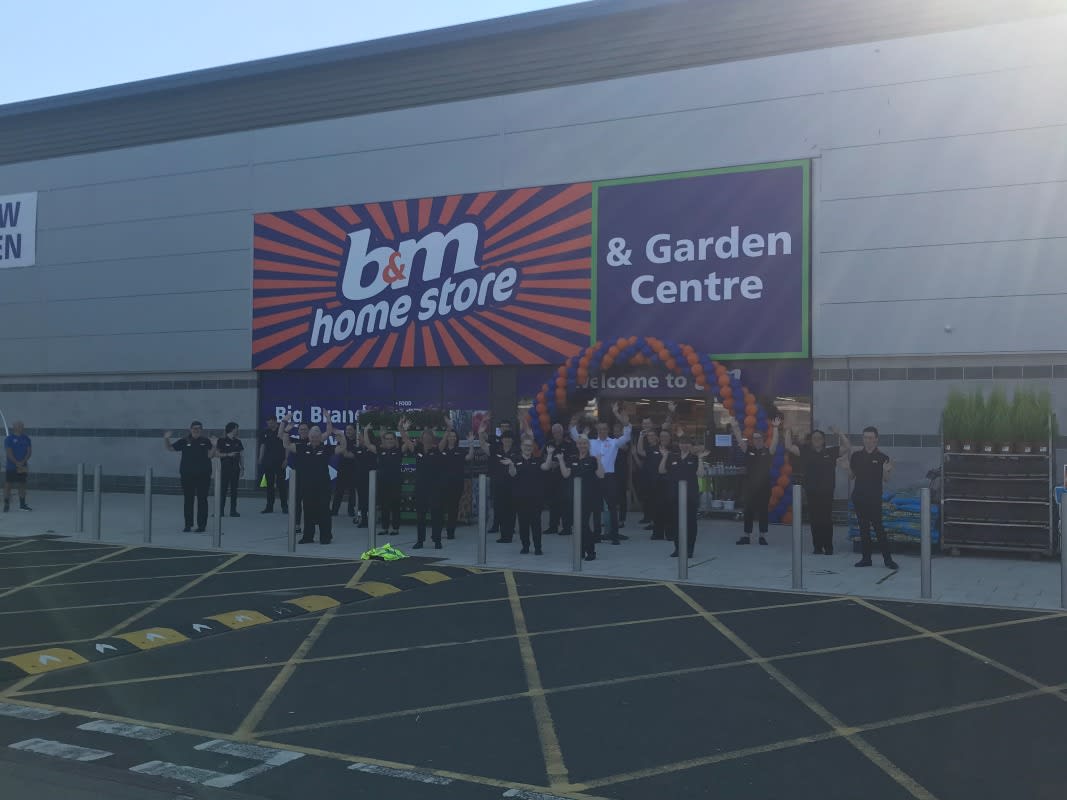 The store team at B&M's newest store in Durham pose in front of their wonderful new Home Store & Garden Centre, located at Durham City Retail Park.