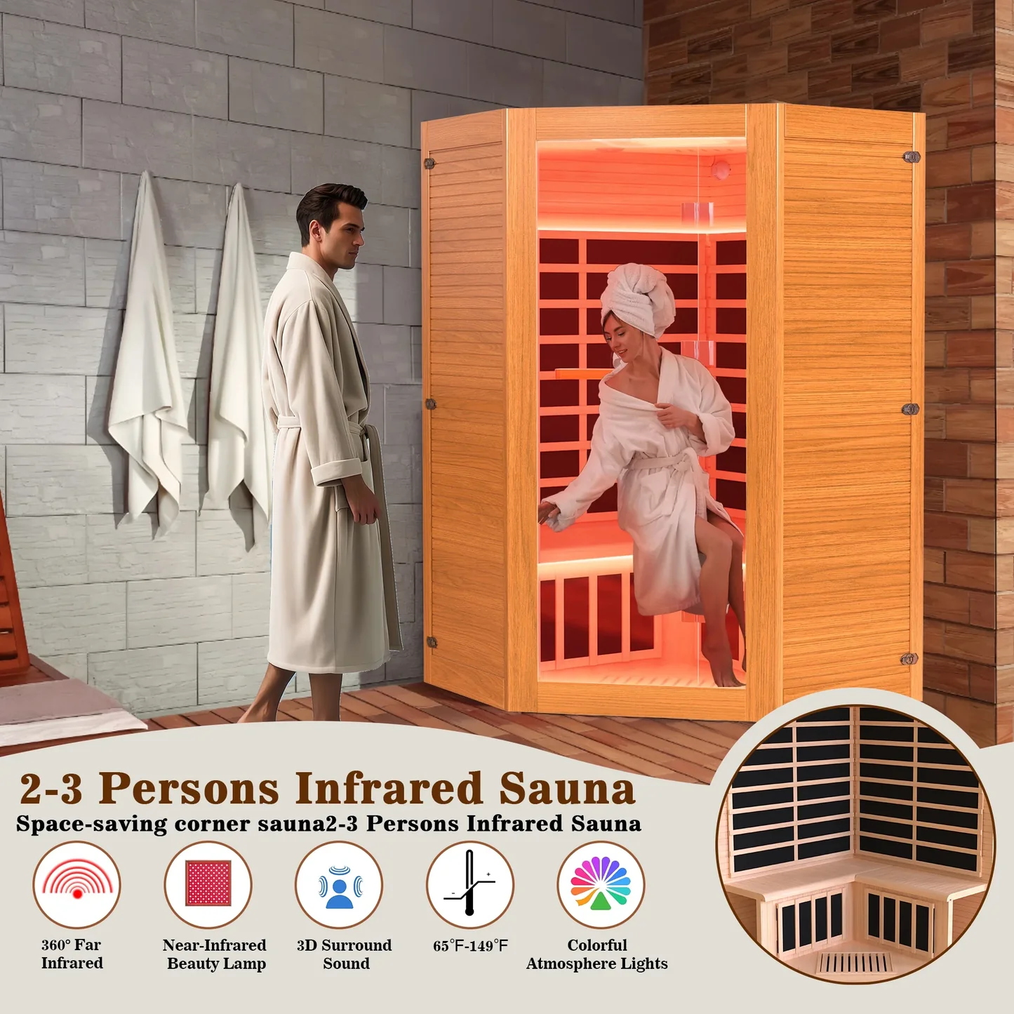 A man in a robe stands outside a corner infrared sauna, while a woman in a robe and towel sits inside. The sauna has wooden exterior and interior, with red lighting and benches. The wall behind the man has gray tiles and two white towels hanging. Text below describes the sauna's features like "360&deg; Far Infrared", "Near-Infrared Beauty Lamp", "3D Surround Sound", temperature range, and "Colorful Atmosphere Lights". A smaller inset shows the interior corner with wooden benches and black heating elements.
