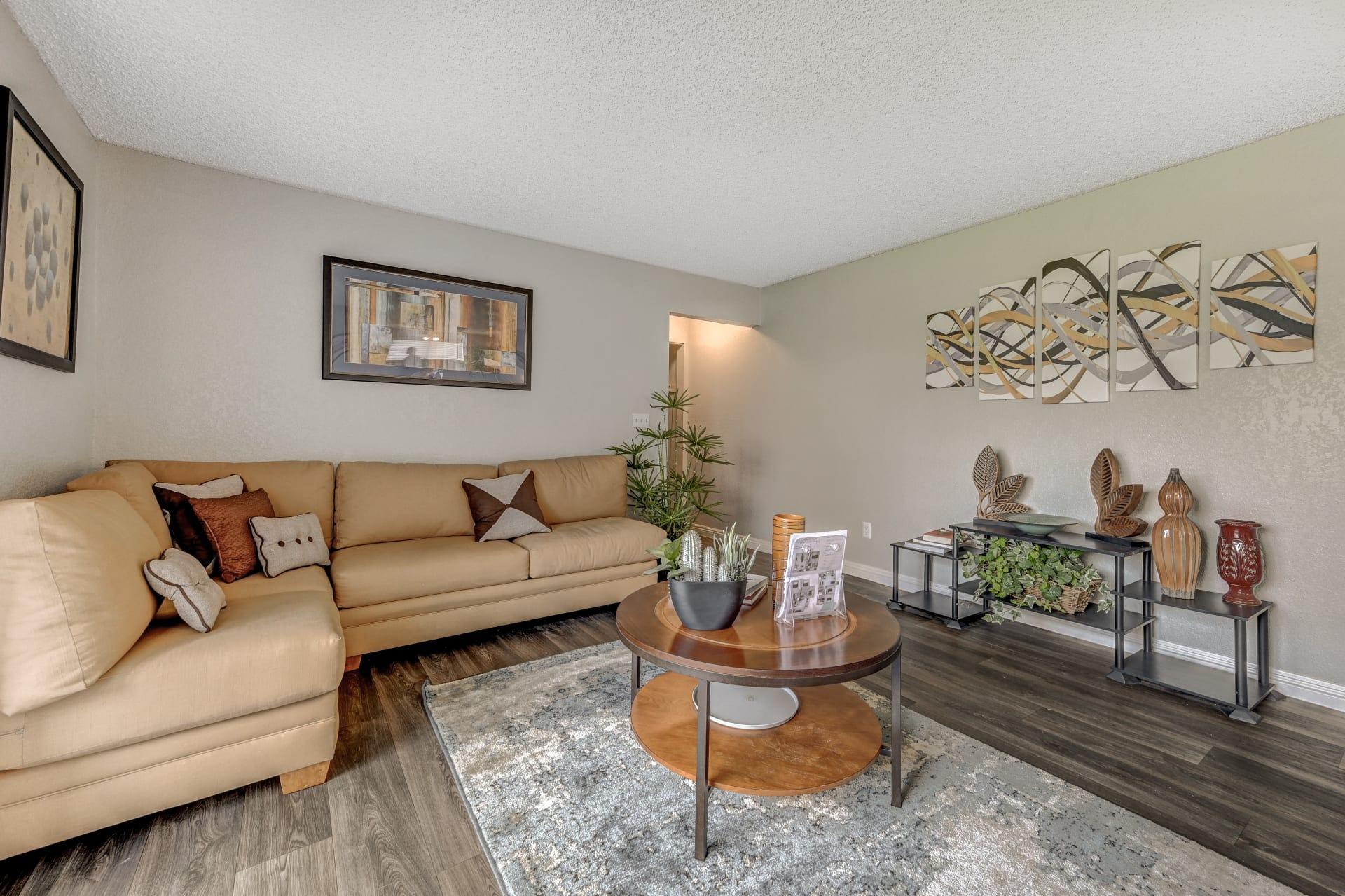 Spacious living room with leather couch