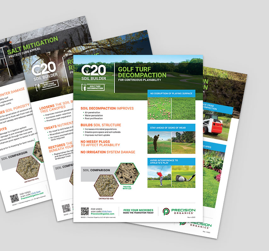 Precision Organics helps landscapers build healthy soil and a nutritious environment for turfgrass, plants, and trees. At Prime we’ve made the benefits of their products clear with a new website, logo design, print products, stationery, and packaging labels.