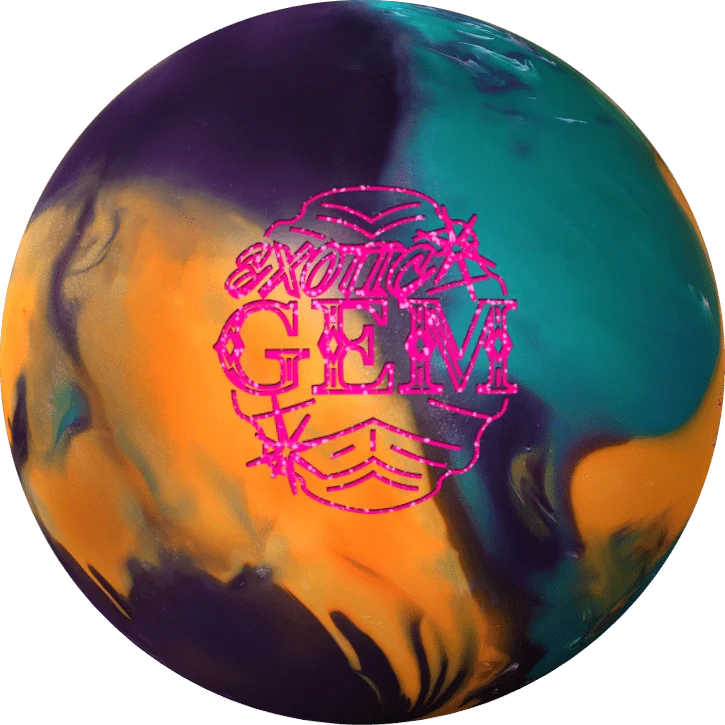 A close-up shot of a bowling ball with a marbled pattern of orange, purple, and teal. The words "Exotic GEM" are prominently displayed in a glittery pink font over the center of the ball.