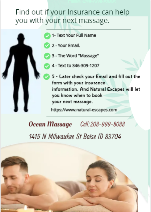 Text Today to 346-309-1207 Your Full Name Your Email The word Massage. Later check your email, And find out if your insurance can help with your next massage.
