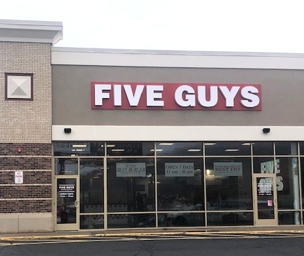 Entrance to the Five Guys restaurant at 410 Reidville Drive in Waterbury, Connecticut.