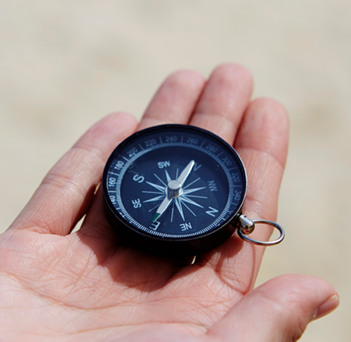 Closeup of a person holding small black compass.