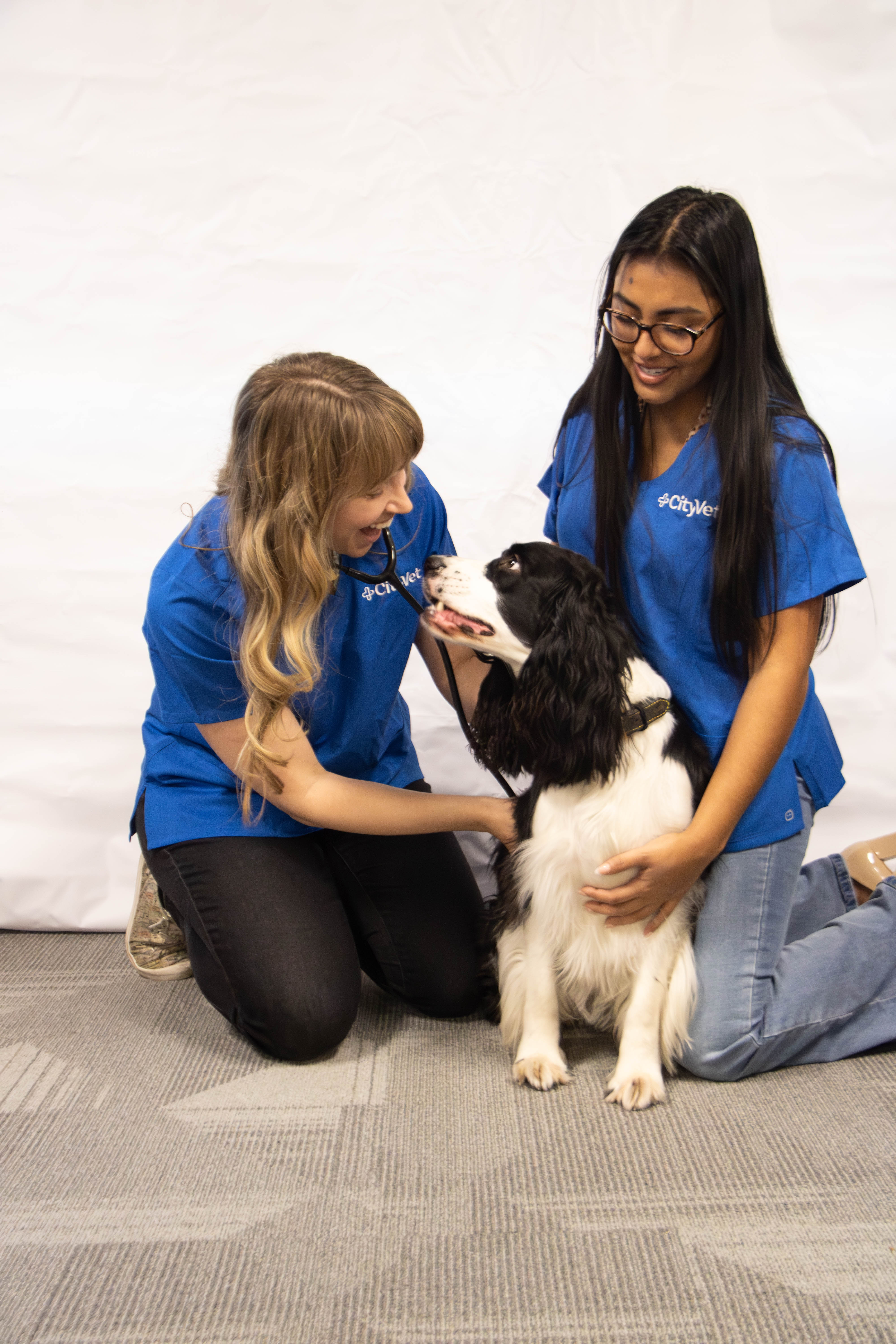 Dr. Amy Jager, owner of CityVet | Verrado and a tech examining a dog