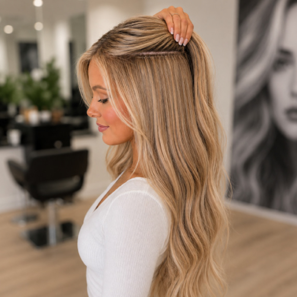 Luxury sew-in weft hair extensions at Avissa Salon in Ann Arbor add beautiful length, fullness, and  