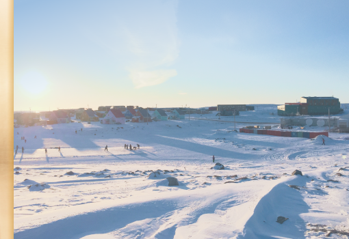 A snowy field surrounded by homes.