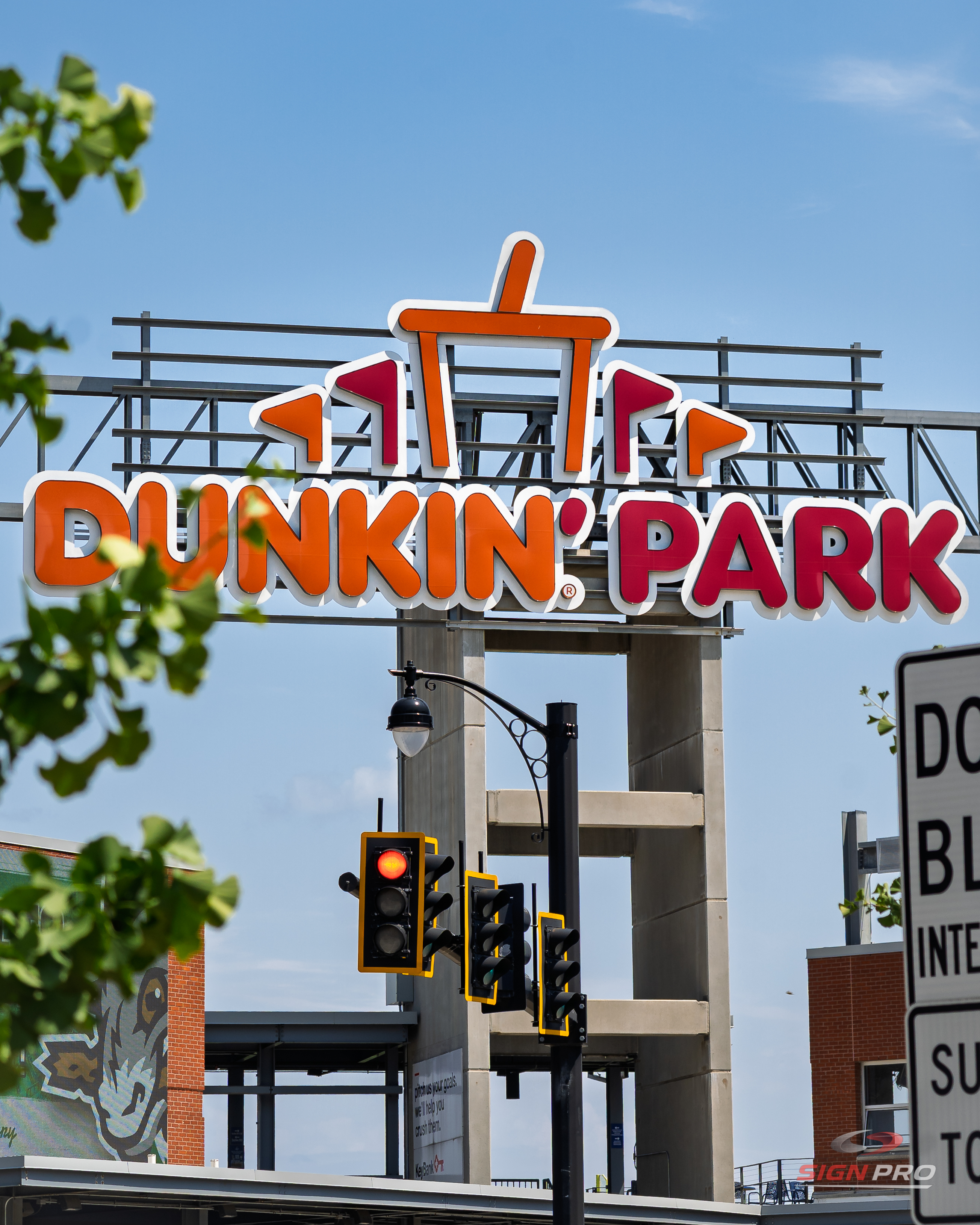 Large-scale illuminated signage produced and installed by Sign Pro for Dunkin' Park, creating a bold and recognizable landmark for visitors and fans.