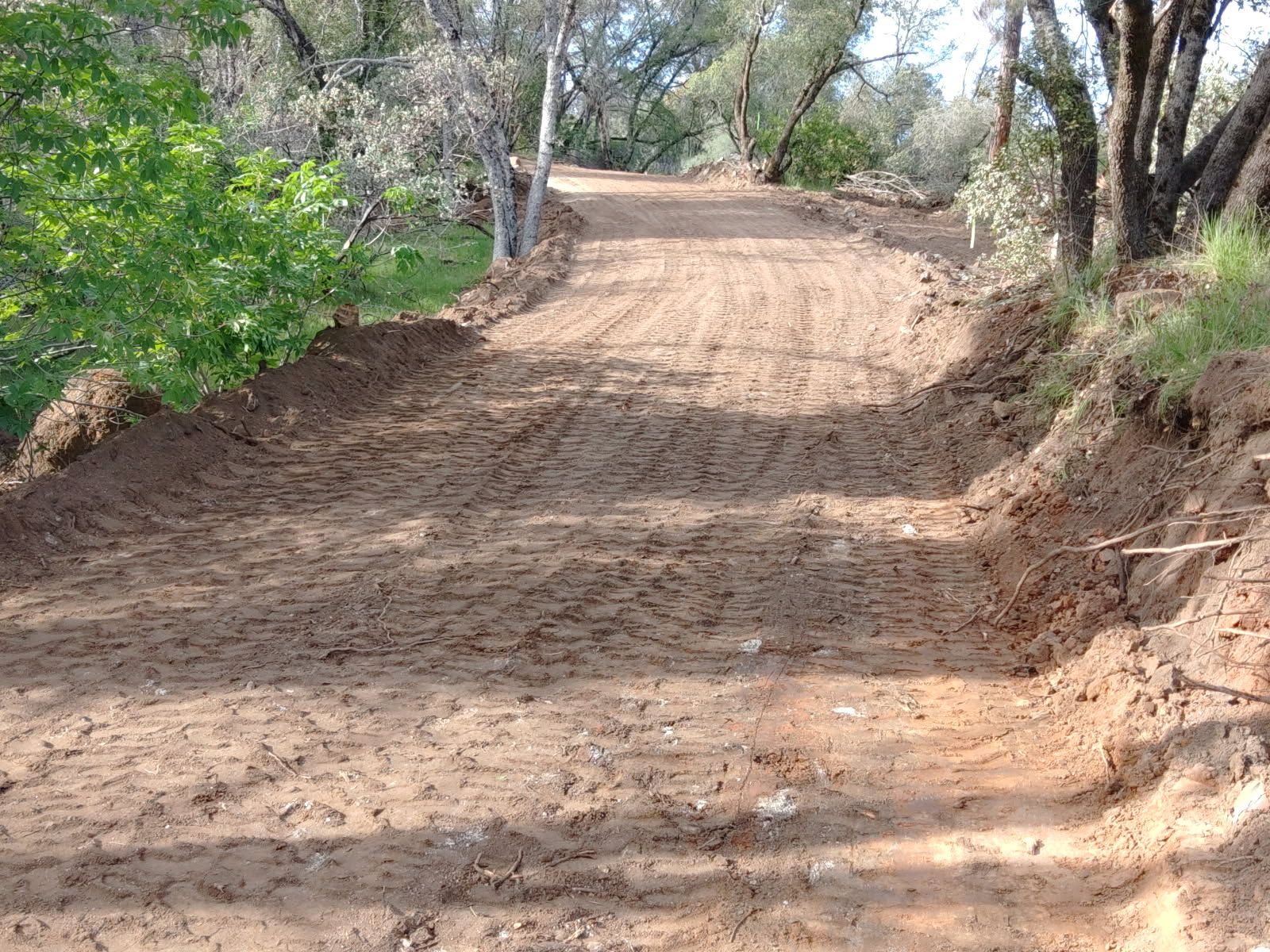 Freshly graded dirt roadway winds through a wooded area, showing compacted soil, visible equipment tracks, sloped edges, and surrounding trees and vegetation along the prepared access route for construction work.