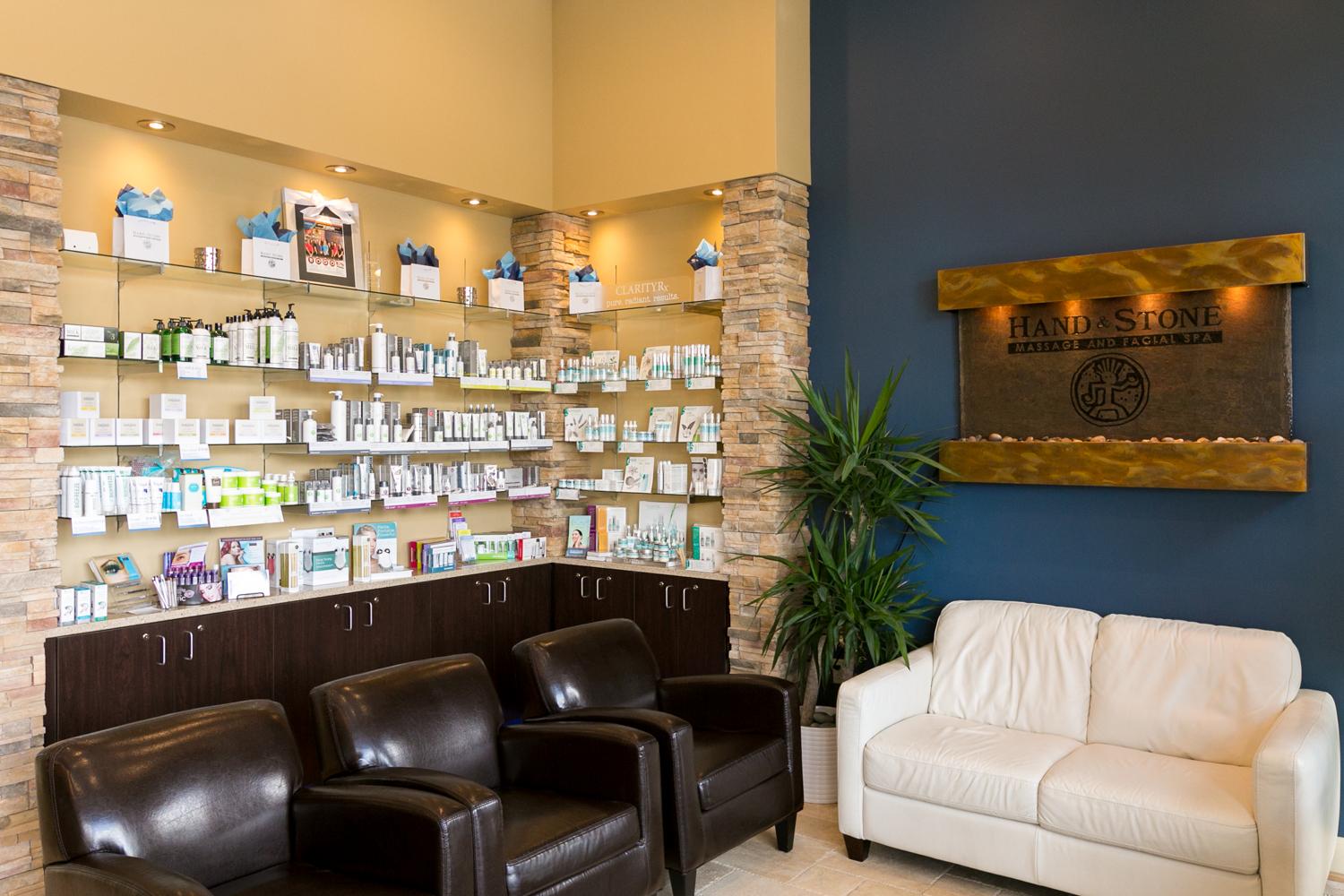 Our facial product lines include Pharmaceutical grade, ClarityRx and Dermalogica. We also carry Archipelago body products, Get Fresh body scrubs, BioFreeze, Deco Aromatherapy Candles and our delicious Pure Invention's Coconut Infused Water, sold exclusively at Hand and Stone.