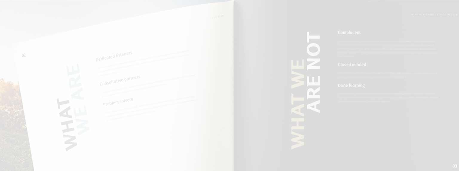 A two-page spread highlighting the Menard Kinkaid Private Wealth team's brand identity.